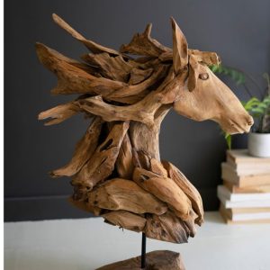 teakwood horse head sculpture w/base
